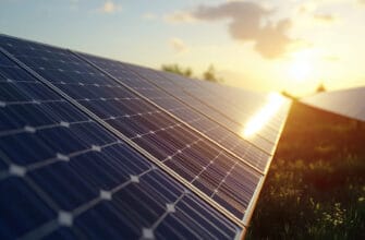 A solar panel farm with rows of solar panels stretching into the distance